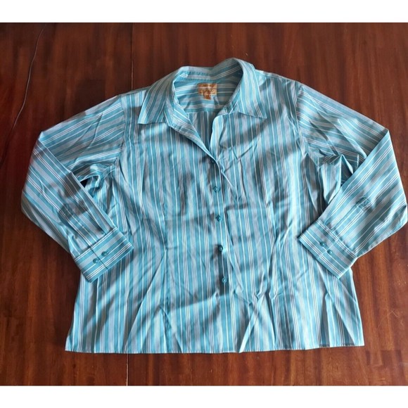 Gold Label Westbound Womens Green Striped Long Sleeve Cotton Button Up Shirt 22W - Picture 1 of 7